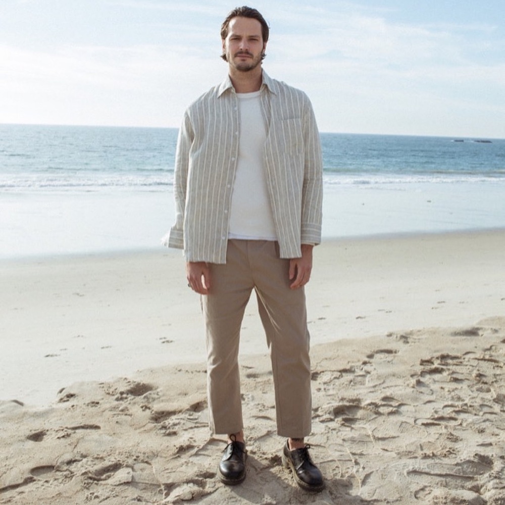 FLORES - Beige Striped Linen Button-Up Shirt